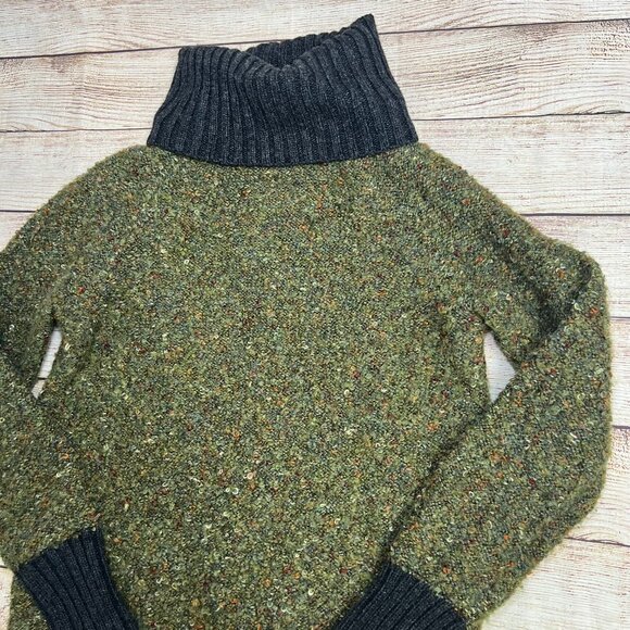 Cynthia Rowley Green Speckled Turtleneck Sweater Small Charcoal Trim Cozy - Picture 9 of 11